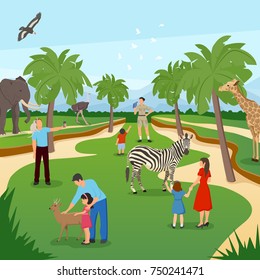 Zoo cartoon background with tropical animals and people visiting and photographing flat vector illustration 