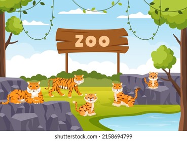 Zoo Cartoon Illustration with Safari Animals Lion, Tiger, Cage and Visitors on Territory on Forest Background Design