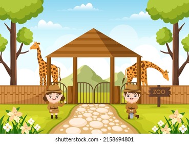 Zoo Cartoon Illustration with Safari Animals Giraffe, Cage and Visitors on Territory on Forest Background Design