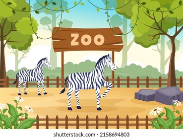 Zoo Cartoon Illustration with Safari Animals Zebra, Cage and Visitors on Territory on Forest Background Design