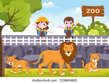 Zoo Cartoon Illustration with Safari Animals Lion, Tiger, Cage and Visitors on Territory on Forest Background Design