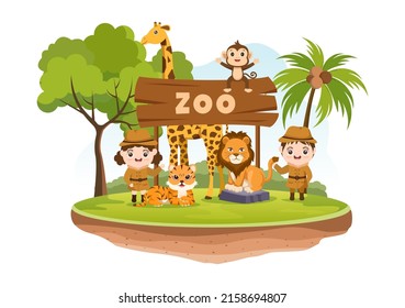 Zoo Cartoon Illustration with Safari Animals Elephant, Giraffe, Lion, Monkey, Panda, Zebra and Visitors on Territory on Forest Background