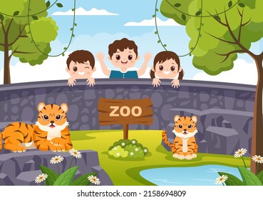 Zoo Cartoon Illustration with Safari Animals Lion, Tiger, Cage and Visitors on Territory on Forest Background Design