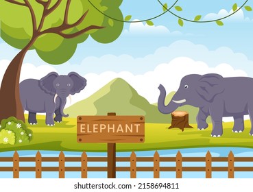 Zoo Cartoon Illustration with Safari Animals Elephant, Cage and Visitors on Territory on Forest Background Design