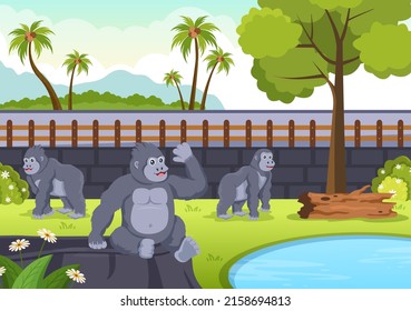 Zoo Cartoon Illustration with Safari Animals Gorilla, Cage and Visitors on Territory on Forest Background Design