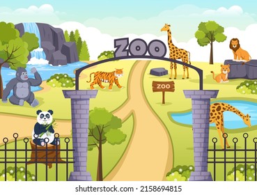 Zoo Cartoon Illustration with Safari Animals Elephant, Giraffe, Lion, Monkey, Panda, Zebra and Visitors on Territory on Forest Background