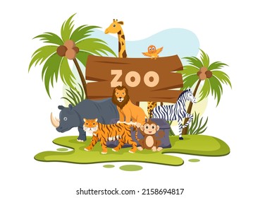 Zoo Cartoon Illustration with Safari Animals Elephant, Giraffe, Lion, Monkey, Panda, Zebra and Visitors on Territory on Forest Background