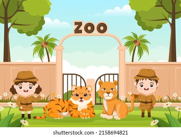 Zoo Cartoon Illustration with Safari Animals Lion, Tiger, Cage and Visitors on Territory on Forest Background Design