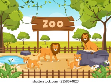 Zoo Cartoon Illustration with Safari Animals Lion, Tiger, Cage and Visitors on Territory on Forest Background Design