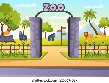 Zoo Cartoon Illustration with Safari Animals Elephant, Giraffe, Lion, Monkey, Panda, Zebra and Visitors on Territory on Forest Background