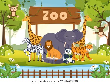 Zoo Cartoon Illustration with Safari Animals Elephant, Giraffe, Lion, Monkey, Panda, Zebra and Visitors on Territory on Forest Background