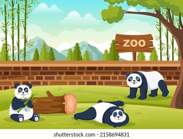 Zoo Cartoon Illustration with Safari Animals Panda, Cage and Visitors on Territory on Forest Background Design