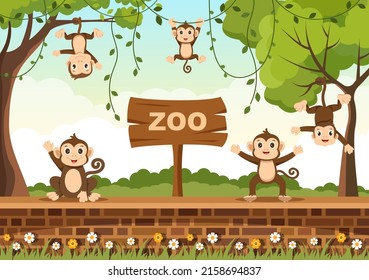 Zoo Cartoon Illustration with Safari Animals Monkey, Cage and Visitors on Territory on Forest Background Design