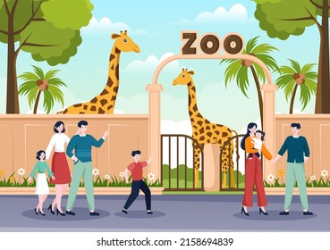 Zoo Cartoon Illustration with Safari Animals Giraffe, Cage and Visitors on Territory on Forest Background Design