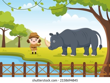 Zoo Cartoon Illustration with Safari Animals Rhinoceros, Cage and Visitors on Territory on Forest Background Design