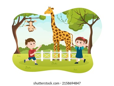 Zoo Cartoon Illustration with Safari Animals Giraffe, Cage and Visitors on Territory on Forest Background Design