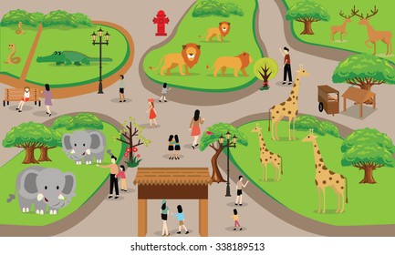 Zoo Cartoon People Family With Animals Scene Vector Illustration Background From Top Landscape