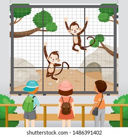 At The Zoo, Children Looking At Monkeys In Cage, Animal, Field Trip, Educational Tour, Travel