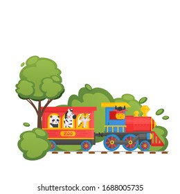 Zoo children train on child railway, panda, tiger, cow, zebra, isolated on white, flat vector illustration. Green forest, baby toy development red locomotive, web banner, intellect growth.