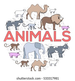 Zoo circle thin line icons set.