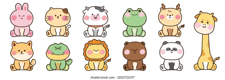 Zoo collection Set cute animals cartoon character design Dog cat rabbit bear lion deer frog cow crocodile giraffe hand drawn Image Art Kid graphic Isolated Sticker Collection Vector Illustration 