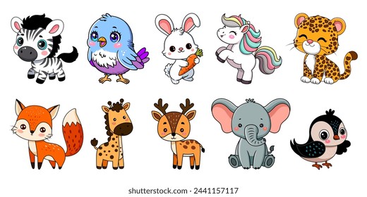 Zoo collection.Set of cute animals cartoon character design.Zebra, bird, rabbit, horse, leopard, fox, giraffe, deer, elephant, giraffe hand drawn.Image.Art.Kid