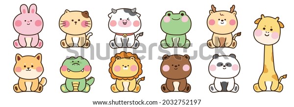Zoo\
collection.Set of cute animals cartoon character\
design.Dog,cat,rabbit,bear,lion,deer,frog,cow,crocodile,giraffe\
hand drawn.Image.Art.Kid\
graphic.Isolated.Sticker.Collection.Vector.Illustration.