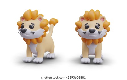 Zoo collection. Realistic African cute lion in different positions. Toy for farm online game in orange colors. Vector illustration in 3D style with shadow