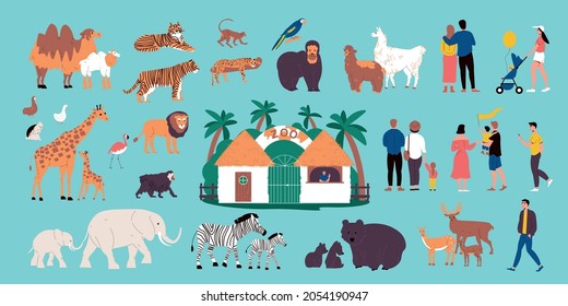 Zoo color set with animals and birds flat isolated vector illustration