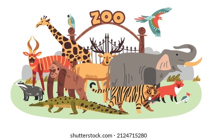 Zoo colored composition various large animals standing in front of the zoo gates vector illustration