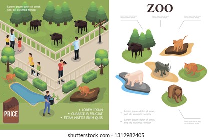Zoo colorful concept with visitors watching and photographing buffalos kangaroos and different animals in isometric style vector illustration