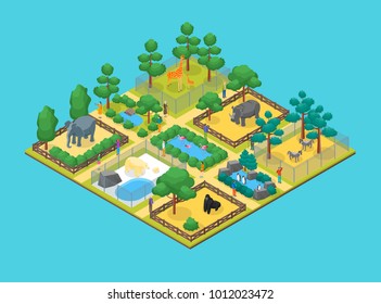 Zoo Concept 3d Isometric View Animal Wildlife Nature Park on a Blue Background. Vector illustration of Zoological Garden