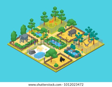 Zoo Concept 3d Isometric View Animal Wildlife Nature Park on a Blue Background. Vector illustration of Zoological Garden