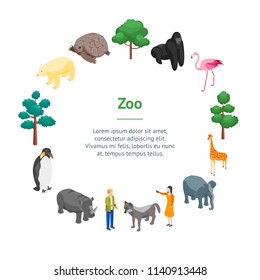 Zoo Concept Banner Card Circle 3d Isometric View Animal Wildlife Nature Park on a Blue Background. Vector illustration of Zoological Garden
