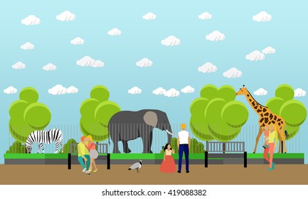 Zoo concept banner. People visiting zoo with family and kids. Animals in zoo. Vector illustration in flat style design.