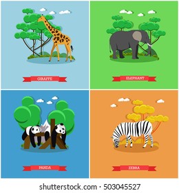 Zoo concept banner. Wildlife animals. Vector illustration in flat style design. Giraffe, Zebra, Elephant, Panda bear.