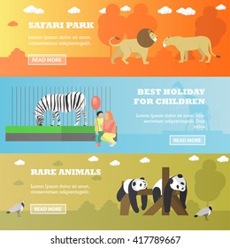 Zoo concept banners.  Animals in zoo, panda, zebra, lions. Vector illustration in flat style design.