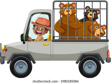 Zoo concept with bear group in the cage car isolated on white background illustration