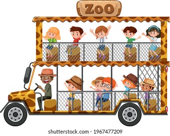 Zoo concept with children on tourist car isolated on white background illustration