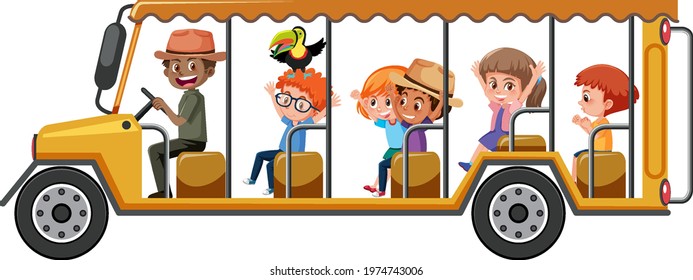 Zoo concept with children on tourist car isolated on white background illustration