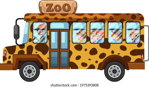 Zoo concept with children on tourist car isolated on white background illustration