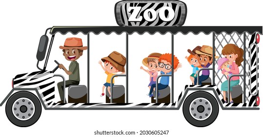 Zoo concept with children on tourist car isolated on white background illustration