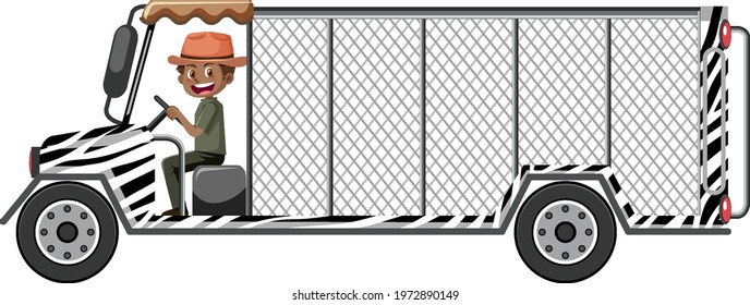 Zoo concept with driver man drives cage car isolated illustration