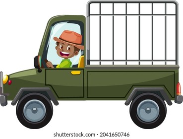 Zoo concept with driver man drives cage car isolated illustration