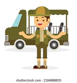 Zoo concept with driver man drives safari car 