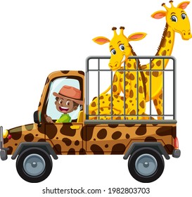 Concepto zoológico con grupo de jirafas en el coche enjaulado aislado en ilustración de fondo blanco