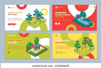 Zoo Concept Landing Web Page Template Set 3d Isometric View Animal Wildlife Nature Park. Vector illustration of Zoological Garden