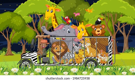 Zoo concept with wild animal group in the cage car illustration