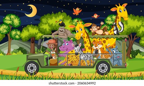 Zoo concept with wild animal group in the tourist car illustration
