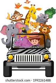 Zoo concept with wild animals in the car isolated on white background illustration